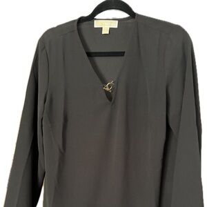 Michael Kors Black Long Sleeve V-Neck Top with Gold Accent